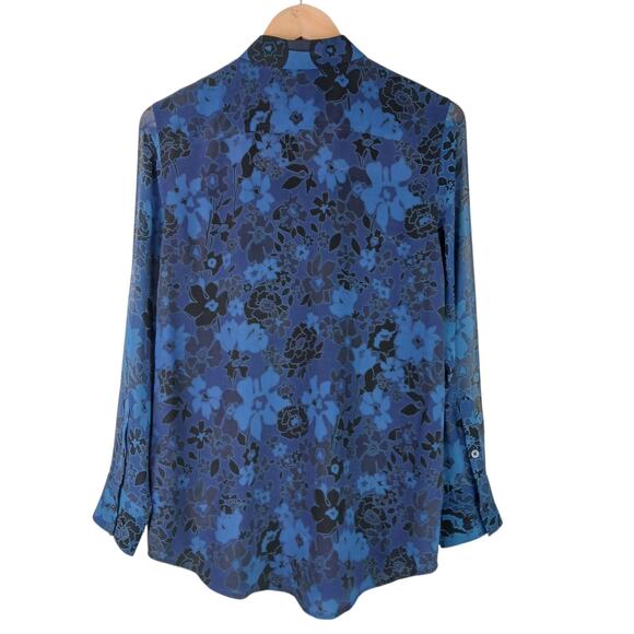 Equipment Femme SZ XS 100% Silk Floral Button Front Shirt Sheer Sleeves in Blue - Picture 5 of 7